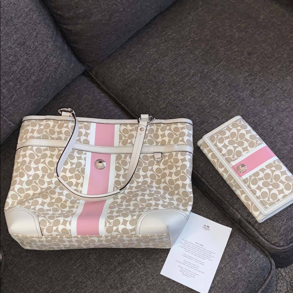 Tan & pink matching PVC bag & wallet